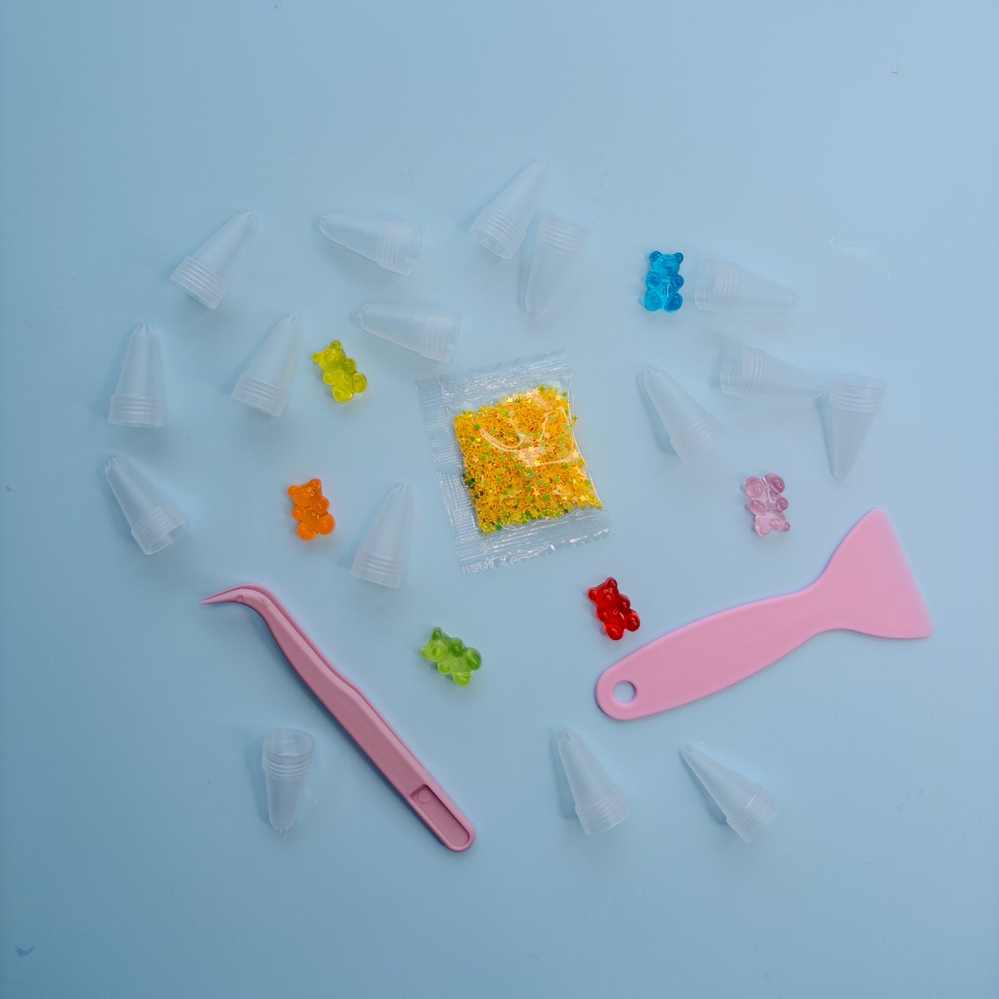 Gummy bear charms and golden star sprinkles and decorating tips included in Shiny Mae Crystal Deco Cream Kit 2025 Edition.